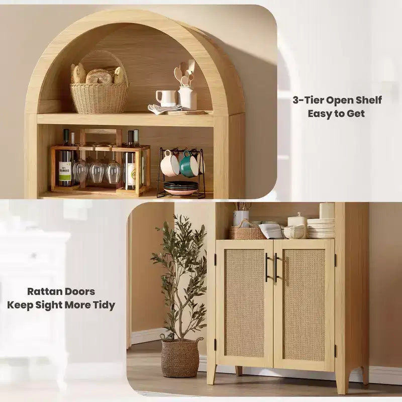 63" Arched Bookcase with Doors, 5-Tier Open Display Shelf with Rattan Decor, Storage Cupboard for Kitchen, Dining Room, Living Room