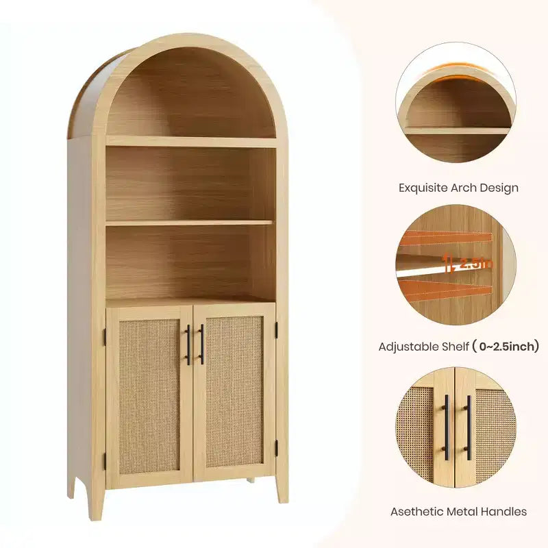 63" Arched Bookcase with Doors, 5-Tier Open Display Shelf with Rattan Decor, Storage Cupboard for Kitchen, Dining Room, Living Room