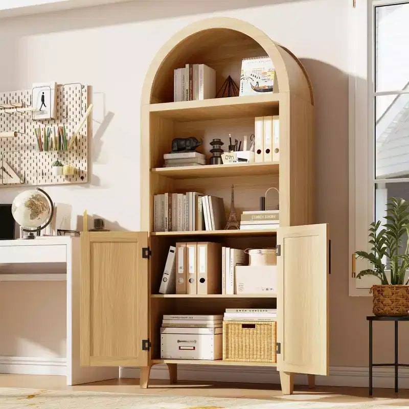 63" Arched Bookcase with Doors, 5-Tier Open Display Shelf with Rattan Decor, Storage Cupboard for Kitchen, Dining Room, Living Room