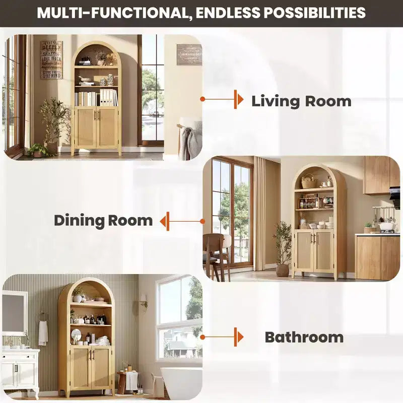 63" Arched Bookcase with Doors, 5-Tier Open Display Shelf with Rattan Decor, Storage Cupboard for Kitchen, Dining Room, Living Room