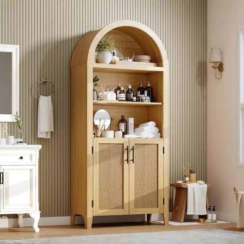 63" Arched Bookcase with Doors, 5-Tier Open Display Shelf with Rattan Decor, Storage Cupboard for Kitchen, Dining Room, Living Room