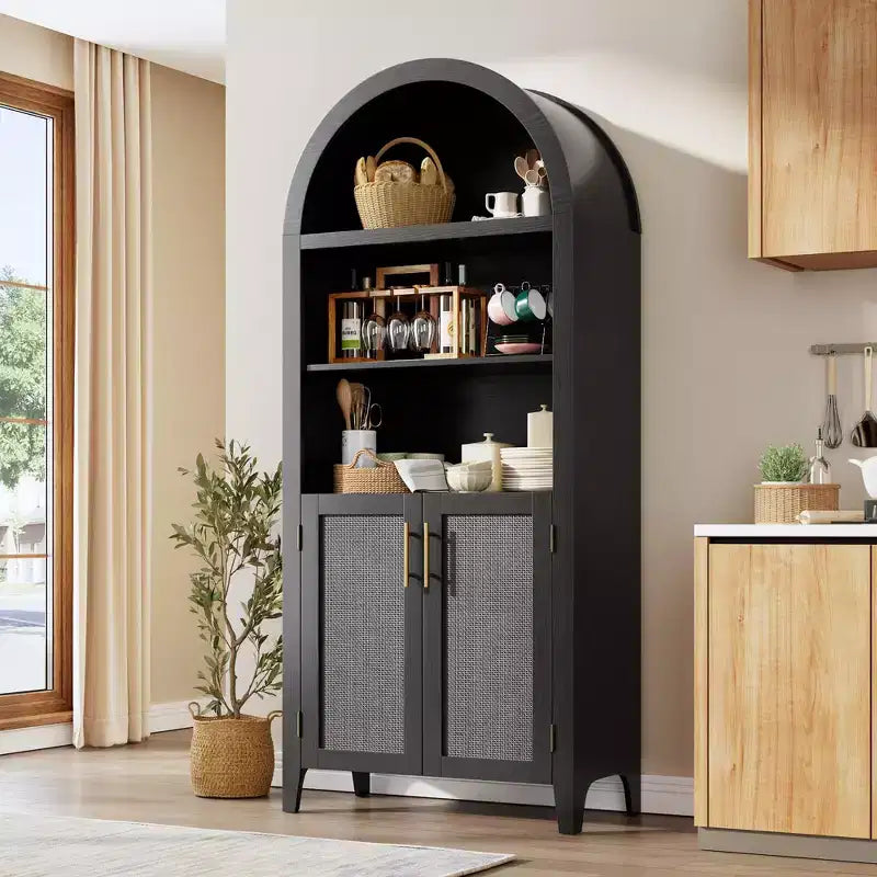 63" Arched Bookcase with Doors, 5-Tier Open Display Shelf with Rattan Decor, Storage Cupboard for Kitchen, Dining Room, Living Room