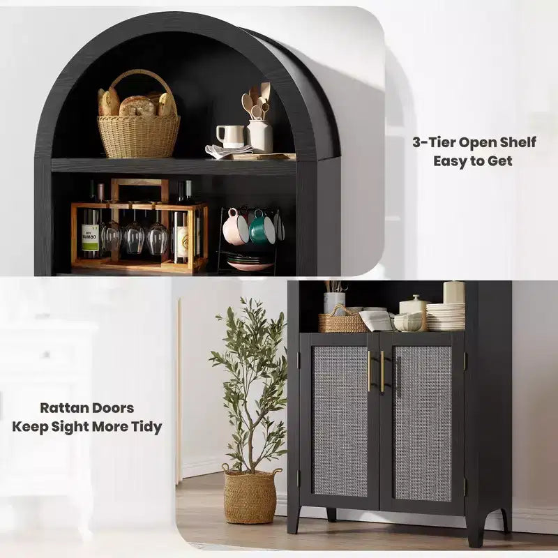 63" Arched Bookcase with Doors, 5-Tier Open Display Shelf with Rattan Decor, Storage Cupboard for Kitchen, Dining Room, Living Room