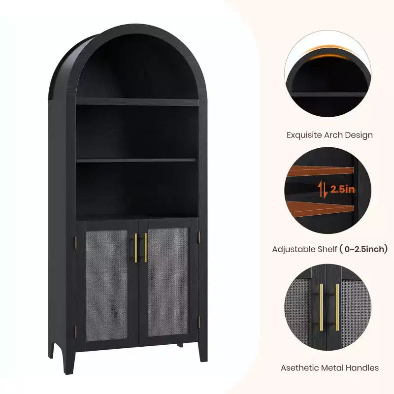 63" Arched Bookcase with Doors, 5-Tier Open Display Shelf with Rattan Decor, Storage Cupboard for Kitchen, Dining Room, Living Room