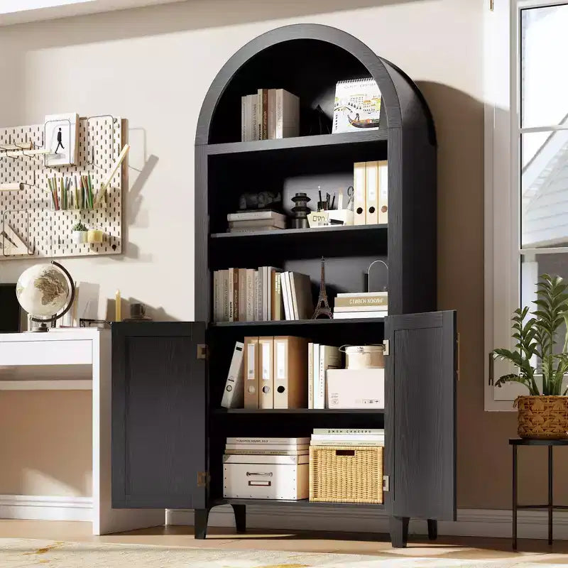 63" Arched Bookcase with Doors, 5-Tier Open Display Shelf with Rattan Decor, Storage Cupboard for Kitchen, Dining Room, Living Room