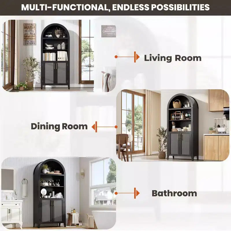 63" Arched Bookcase with Doors, 5-Tier Open Display Shelf with Rattan Decor, Storage Cupboard for Kitchen, Dining Room, Living Room