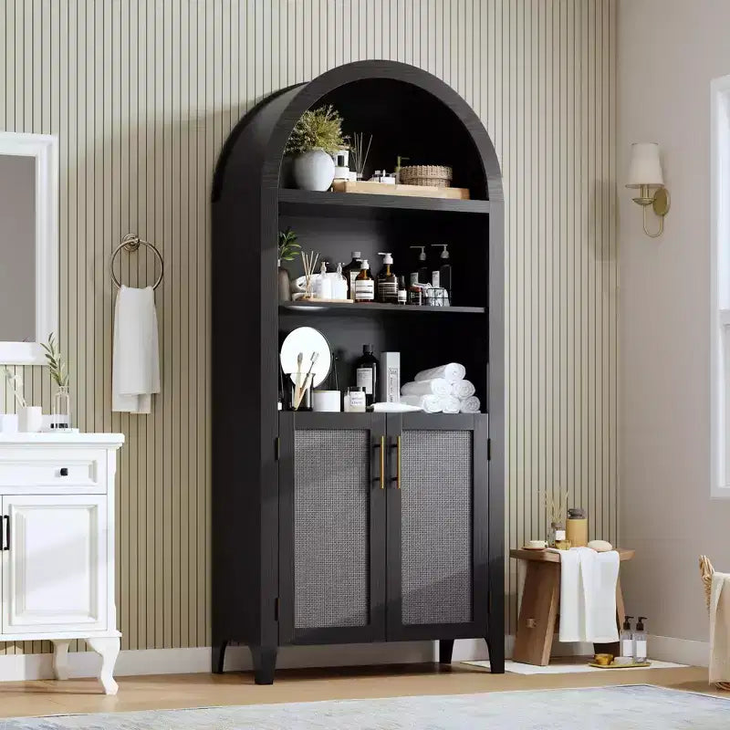 63" Arched Bookcase with Doors, 5-Tier Open Display Shelf with Rattan Decor, Storage Cupboard for Kitchen, Dining Room, Living Room
