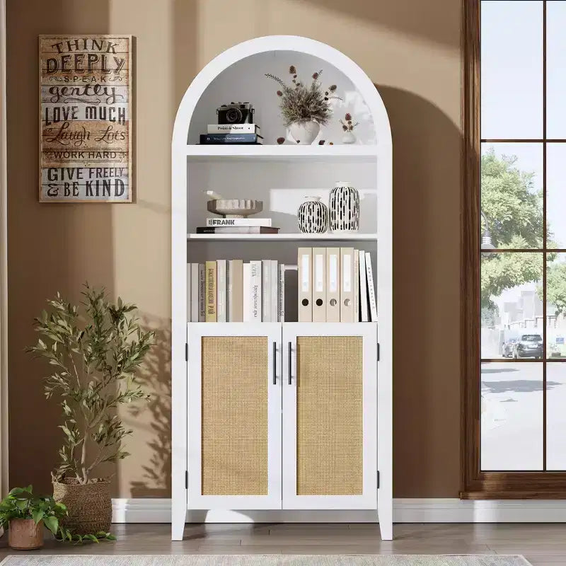 63" Arched Bookcase with Doors, 5-Tier Open Display Shelf with Rattan Decor, Storage Cupboard for Kitchen, Dining Room, Living Room