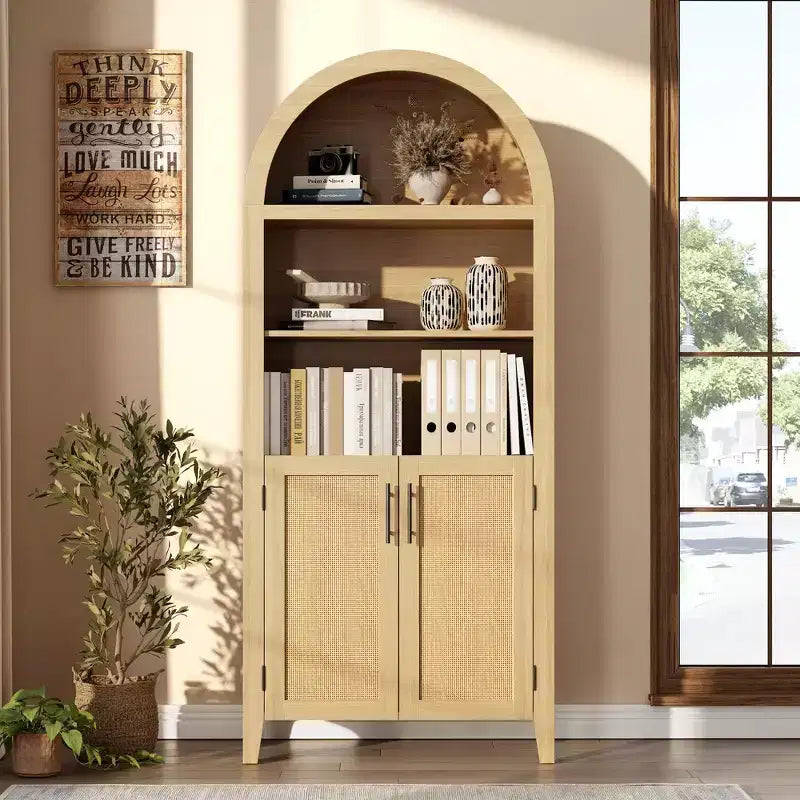 63" Arched Bookcase with Doors, 5-Tier Open Display Shelf with Rattan Decor, Storage Cupboard for Kitchen, Dining Room, Living Room