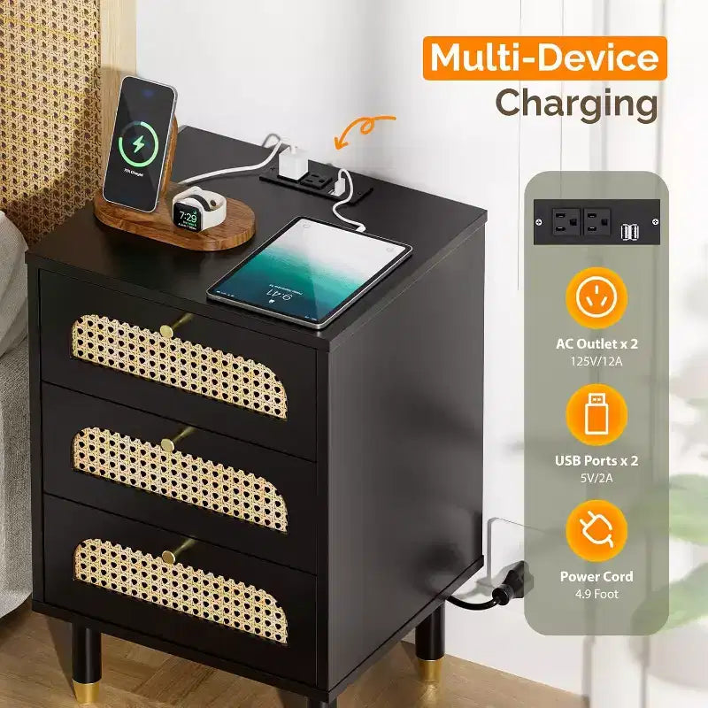 Black Rattan Nightstand with Built-in Charging Station