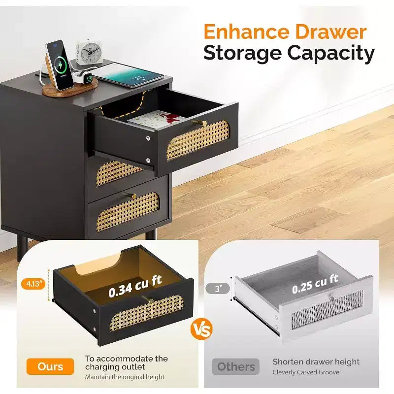 Black Rattan Nightstand with Built-in Charging Station