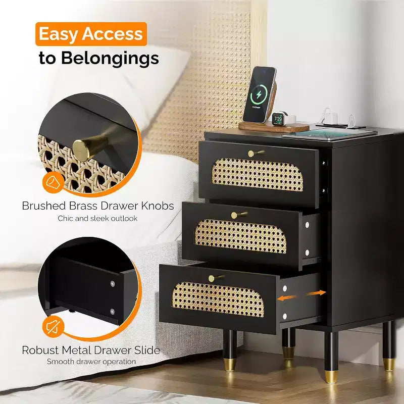 Black Rattan Nightstand with Built-in Charging Station