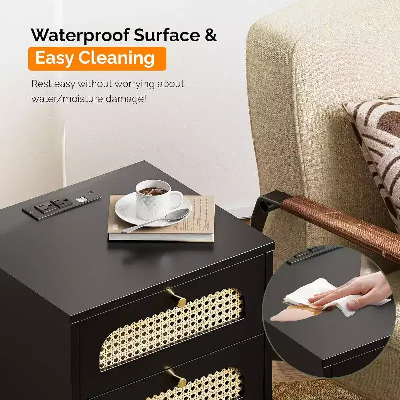 Black Rattan Nightstand with Built-in Charging Station