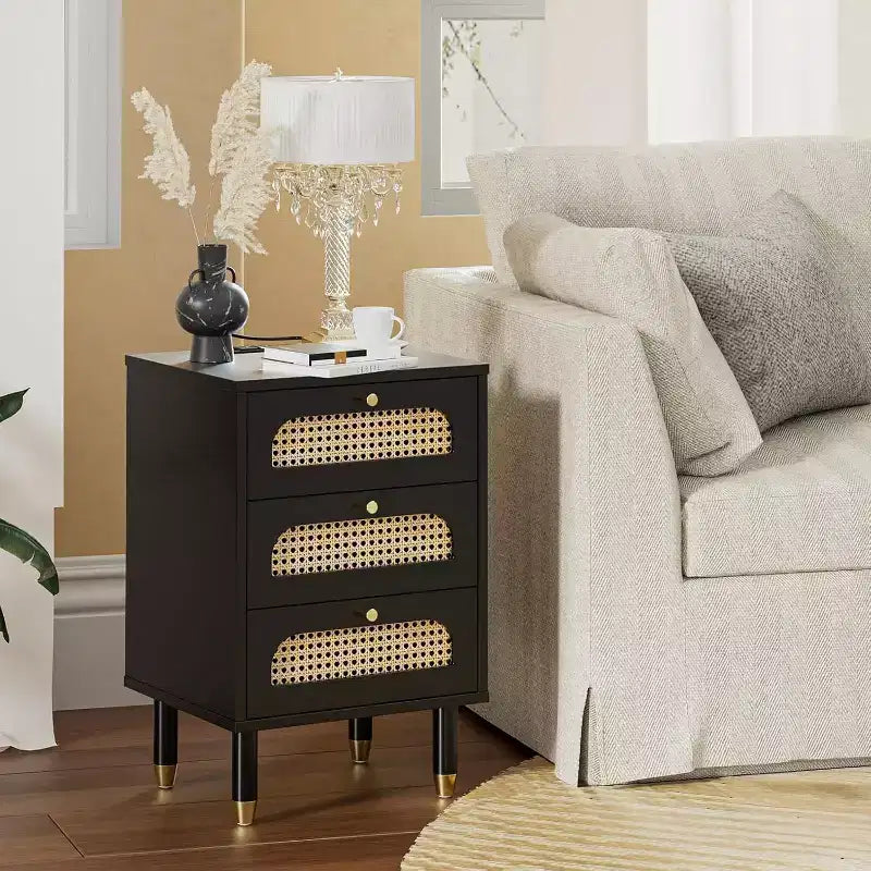 Black Rattan Nightstand with Built-in Charging Station