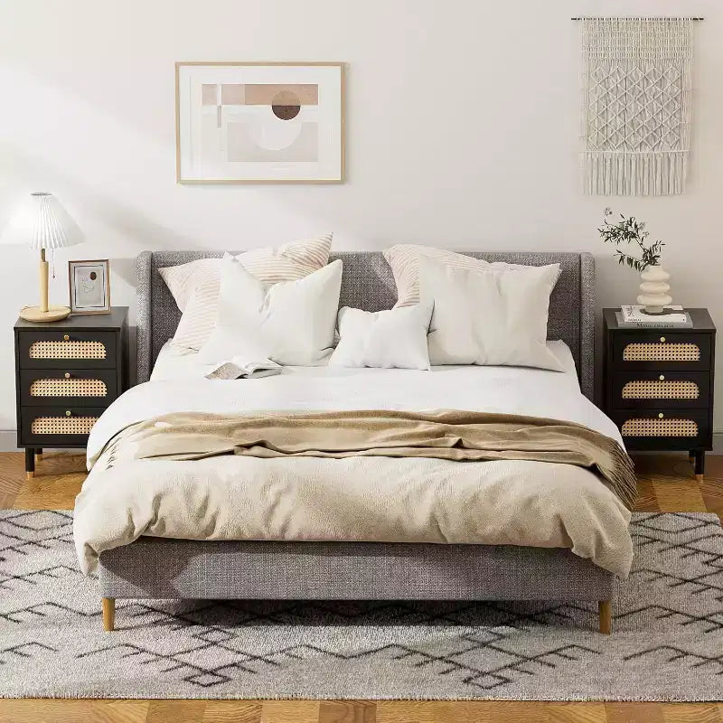 Black Rattan Nightstand with Built-in Charging Station
