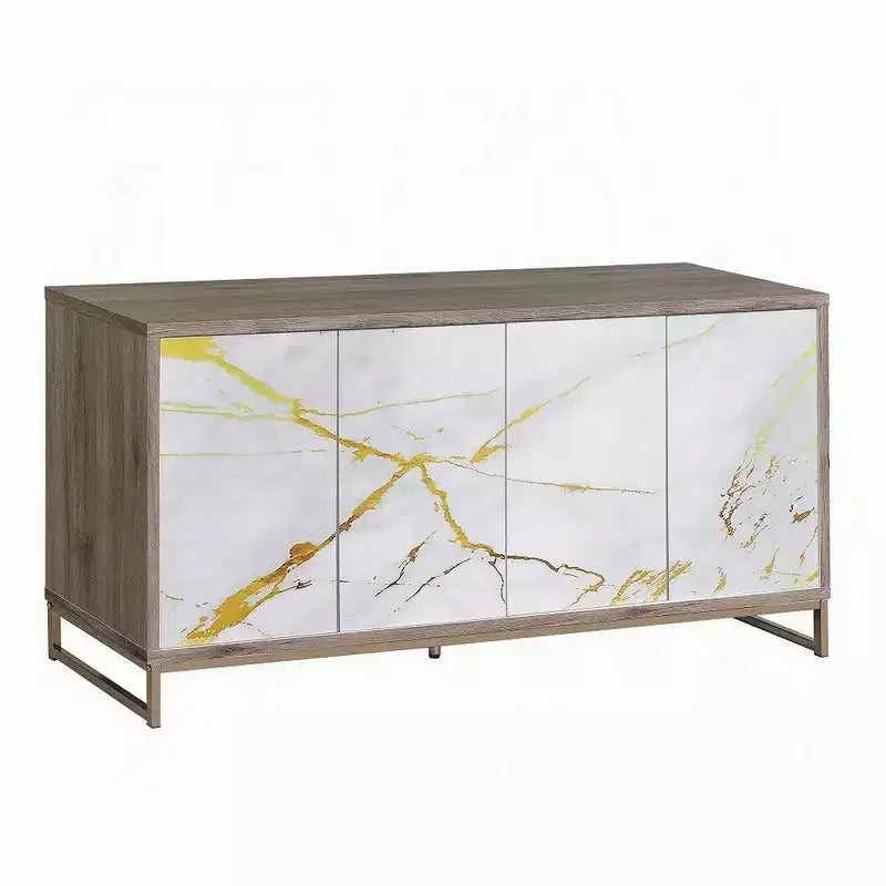 65 Inch Sideboard Console Cabinet with White Marble Look, 4-Door Storage Cabinet, Brown