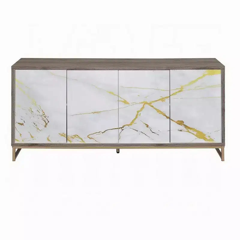 65 Inch Sideboard Console Cabinet with White Marble Look, 4-Door Storage Cabinet, Brown