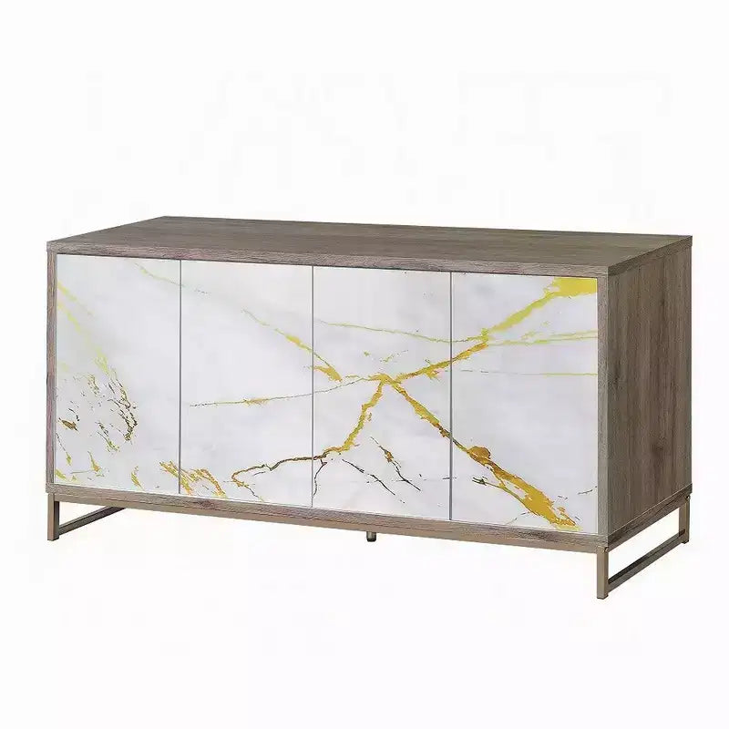 65 Inch Sideboard Console Cabinet with White Marble Look, 4-Door Storage Cabinet, Brown