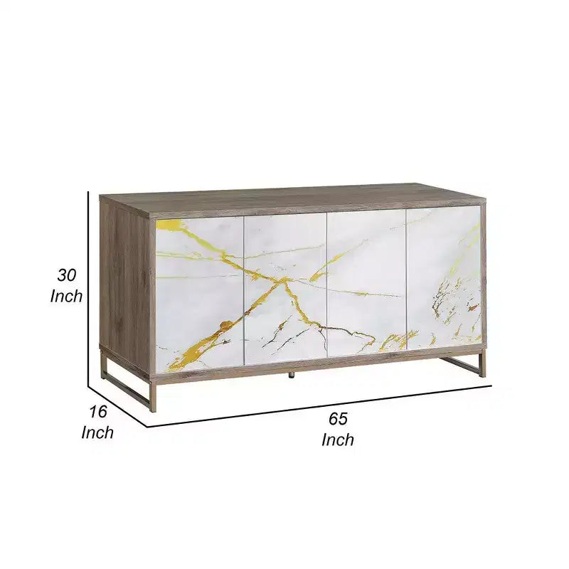 65 Inch Sideboard Console Cabinet with White Marble Look, 4-Door Storage Cabinet, Brown