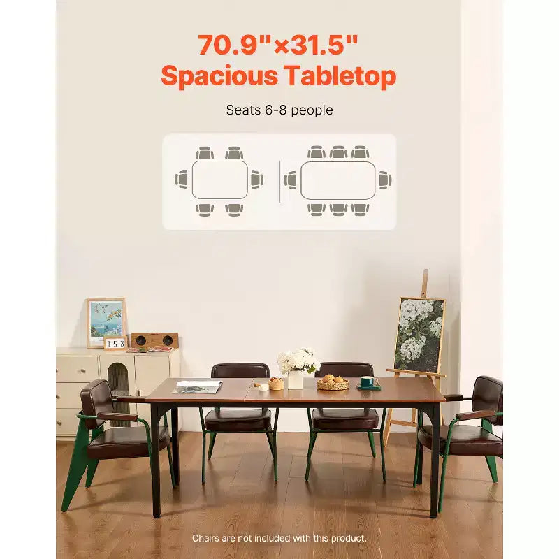 71 Inch Farmhouse Rectangle Dining Table for 6-8, Wood Top with Iron Legs, Rustic Brown