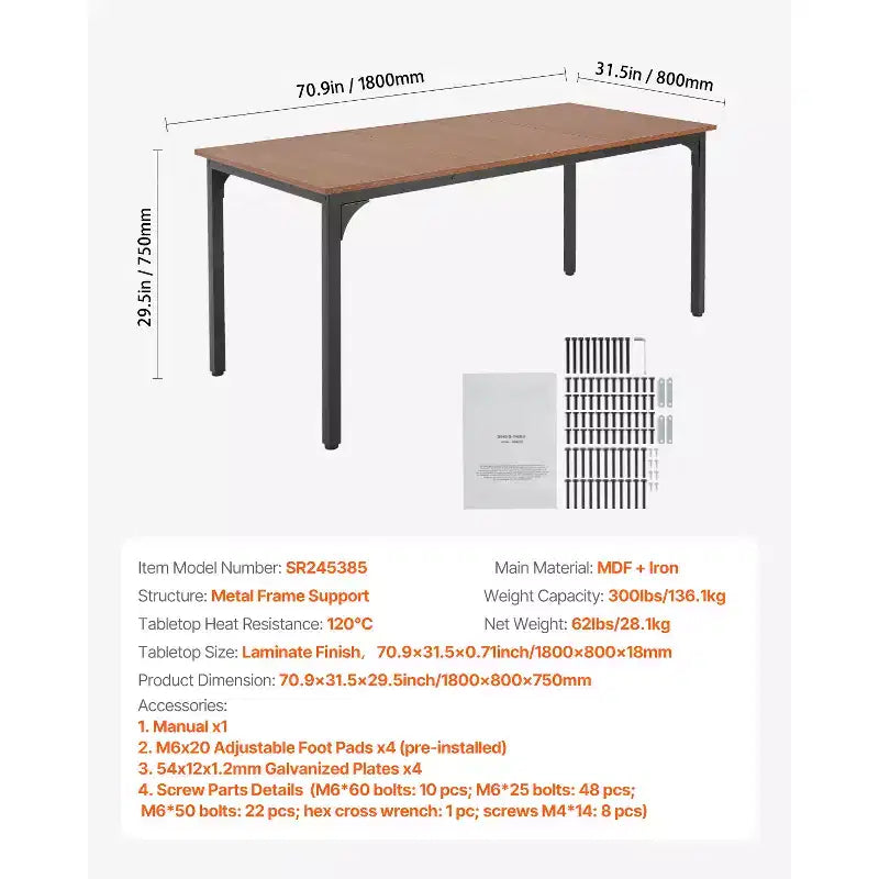 71 Inch Farmhouse Rectangle Dining Table for 6-8, Wood Top with Iron Legs, Rustic Brown