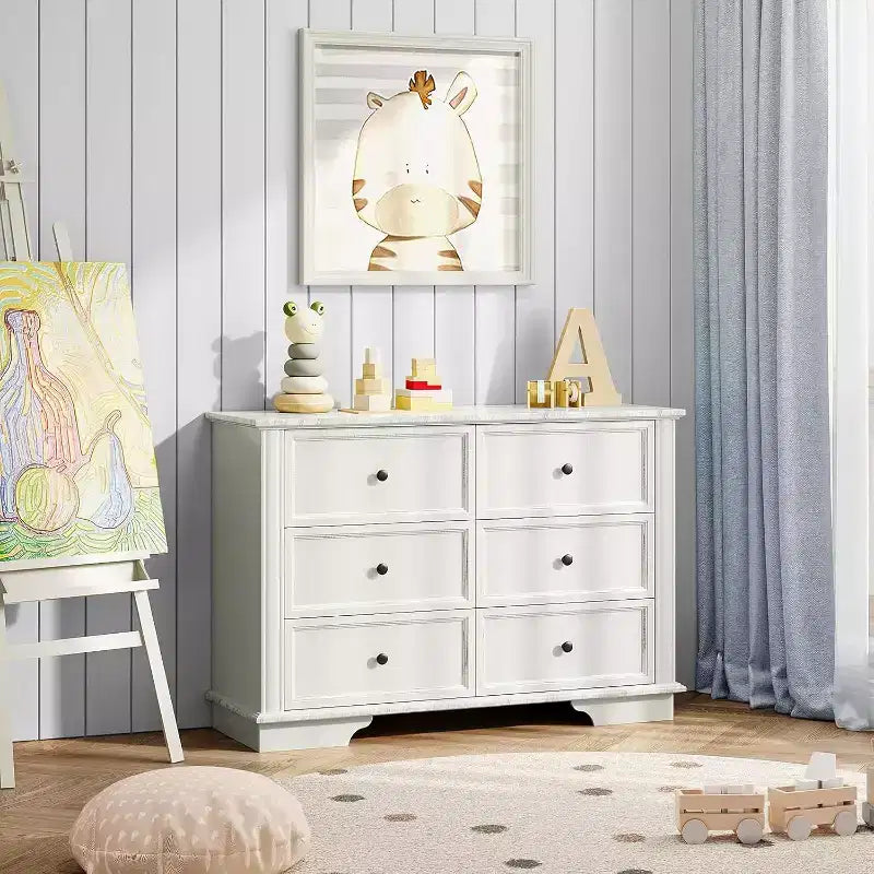 White 6-Drawer Wood Dresser for Bedroom, Chest of Drawers