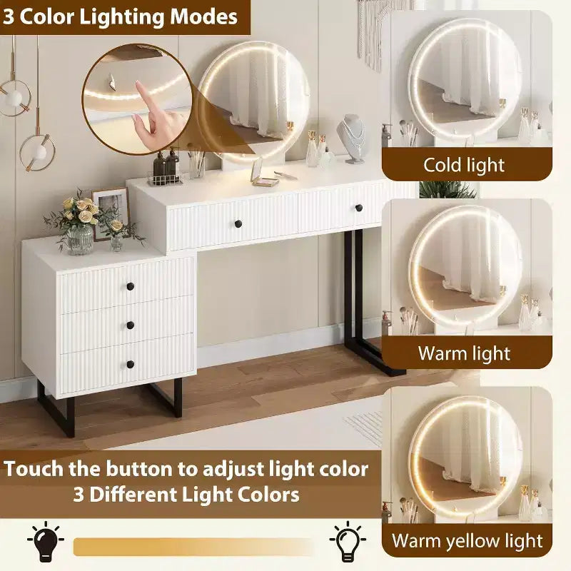 Vanity Desk with Mirror and Lights, 49.2H Makeup Vanity with 3 Color Lights and Adjustable Brightness