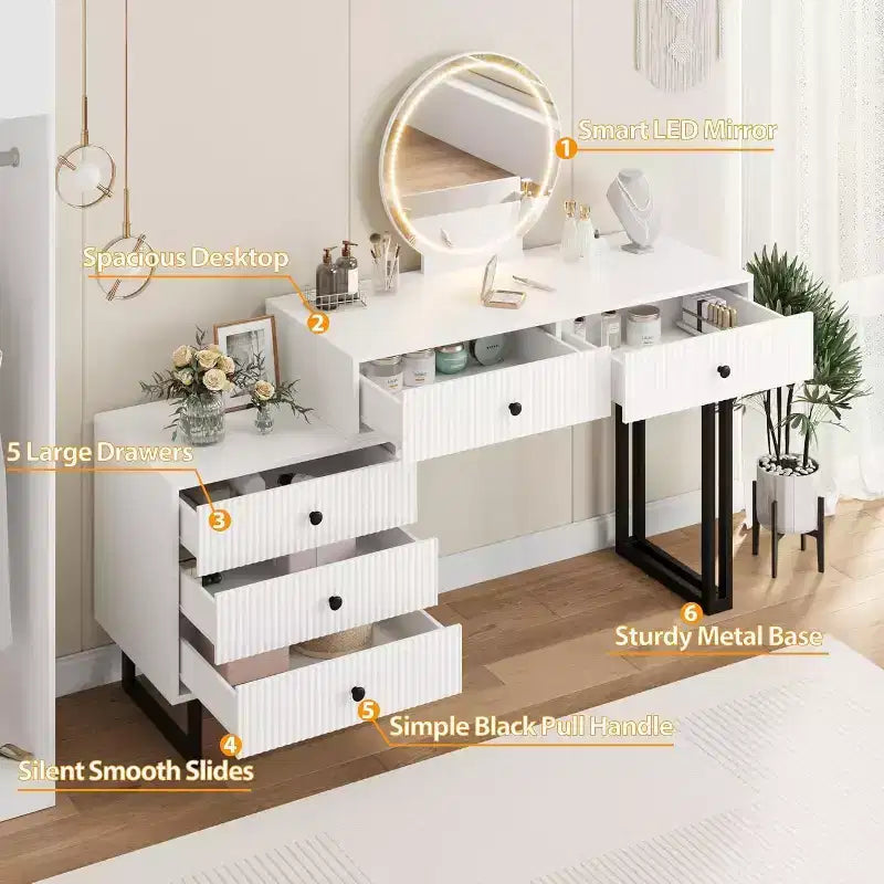 Vanity Desk with Mirror and Lights, 49.2H Makeup Vanity with 3 Color Lights and Adjustable Brightness