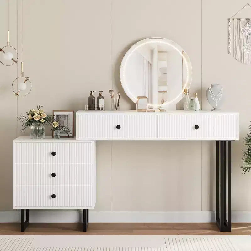 Vanity Desk with Mirror and Lights, 49.2H Makeup Vanity with 3 Color Lights and Adjustable Brightness