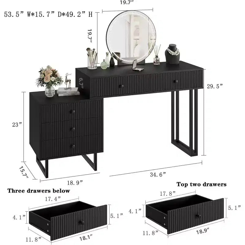 Vanity Desk with Mirror and Lights, 49.2H Makeup Vanity with 3 Color Lights and Adjustable Brightness