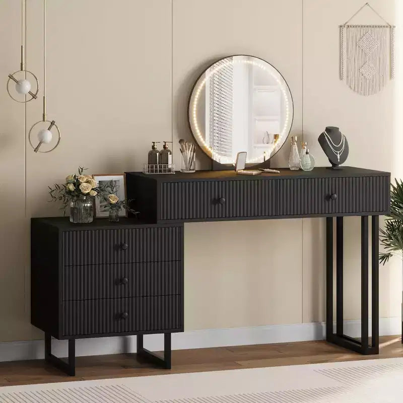Vanity Desk with Mirror and Lights, 49.2H Makeup Vanity with 3 Color Lights and Adjustable Brightness