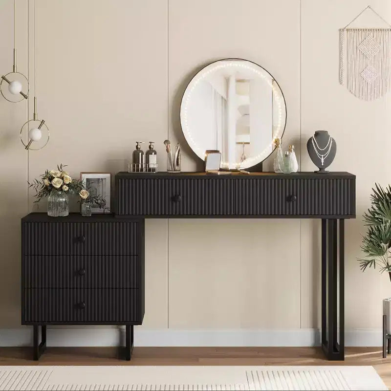 Vanity Desk with Mirror and Lights, 49.2H Makeup Vanity with 3 Color Lights and Adjustable Brightness