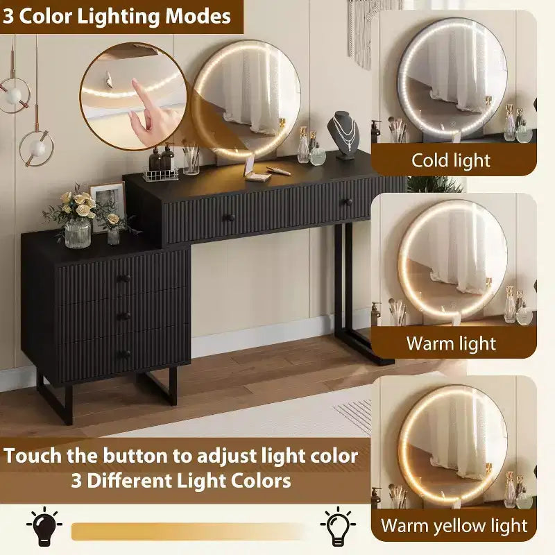 Vanity Desk with Mirror and Lights, 49.2H Makeup Vanity with 3 Color Lights and Adjustable Brightness
