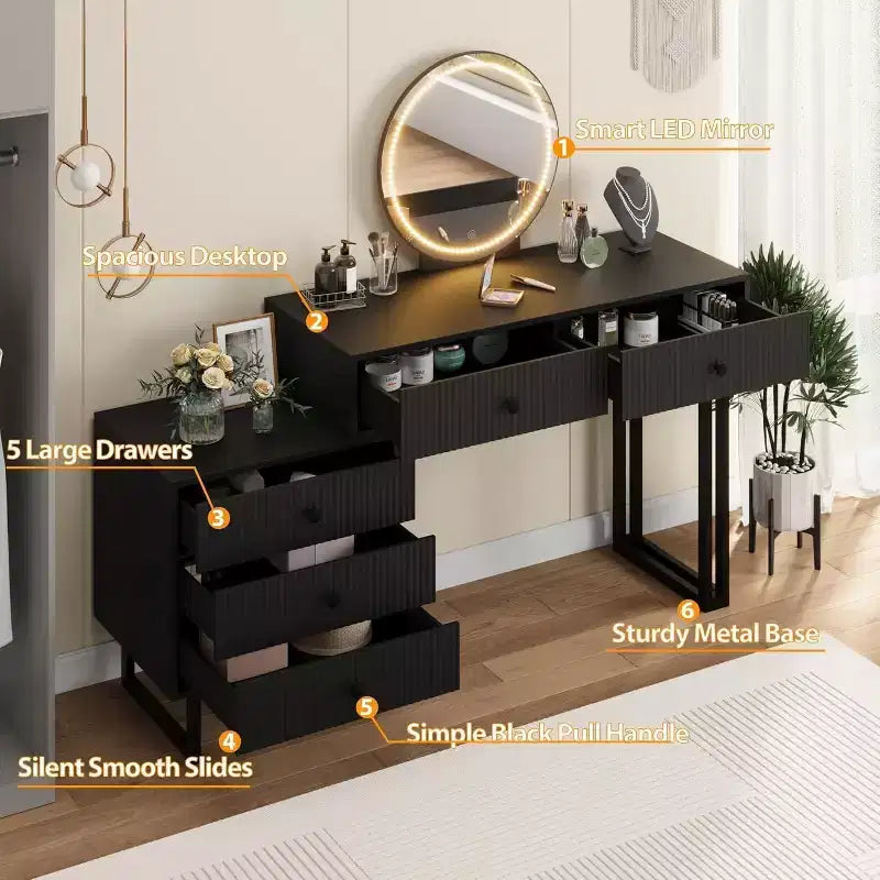 Vanity Desk with Mirror and Lights, 49.2H Makeup Vanity with 3 Color Lights and Adjustable Brightness