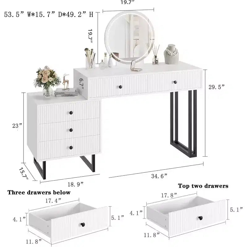 Vanity Desk with Mirror and Lights, 49.2H Makeup Vanity with 3 Color Lights and Adjustable Brightness