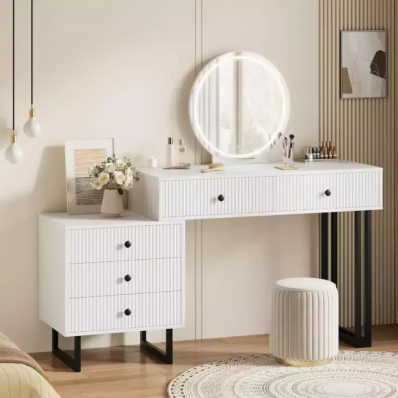 Vanity Desk with Mirror and Lights, 49.2H Makeup Vanity with 3 Color Lights and Adjustable Brightness