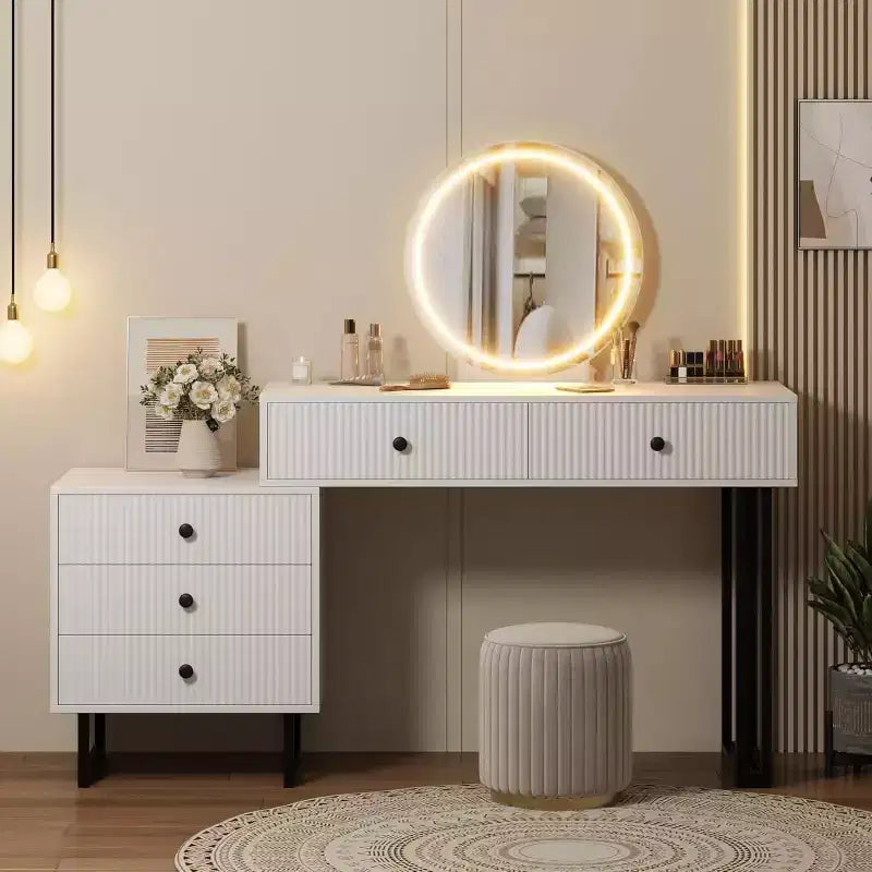 Vanity Desk with Mirror and Lights, 49.2H Makeup Vanity with 3 Color Lights and Adjustable Brightness