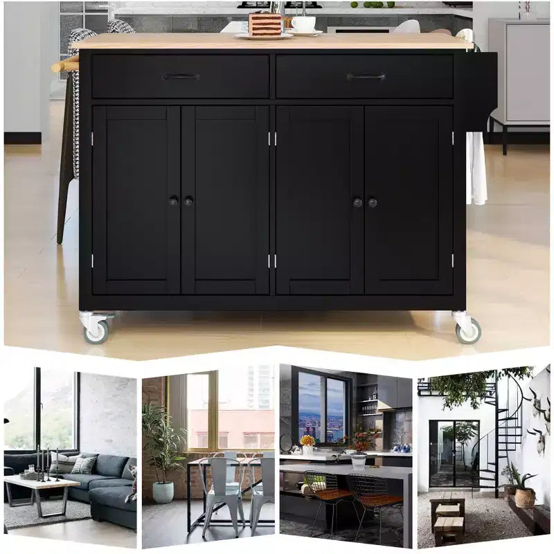 54 Inch Kitchen Island Cart with Solid Wood Top, Locking Wheels, 4-Door Cabinet, Drawers & Spice Rack, Black