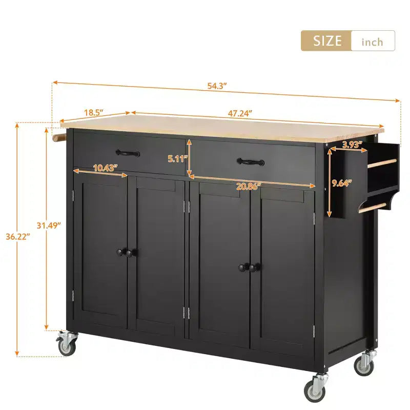 54 Inch Kitchen Island Cart with Solid Wood Top, Locking Wheels, 4-Door Cabinet, Drawers & Spice Rack, Black
