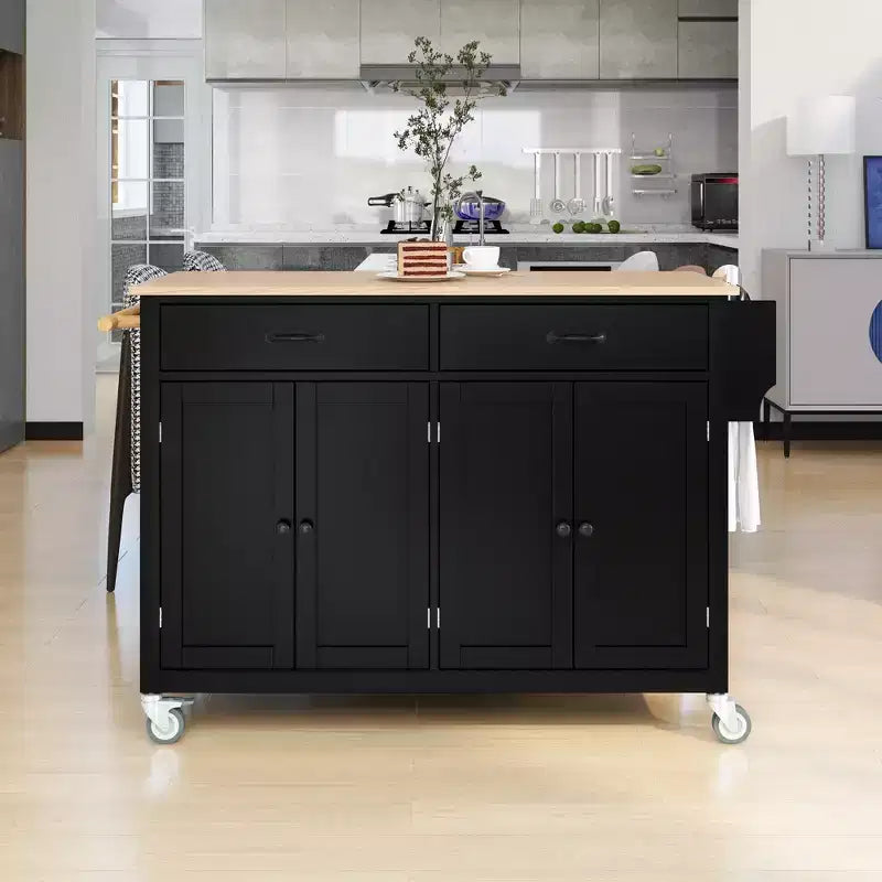 54 Inch Kitchen Island Cart with Solid Wood Top, Locking Wheels, 4-Door Cabinet, Drawers & Spice Rack, Black