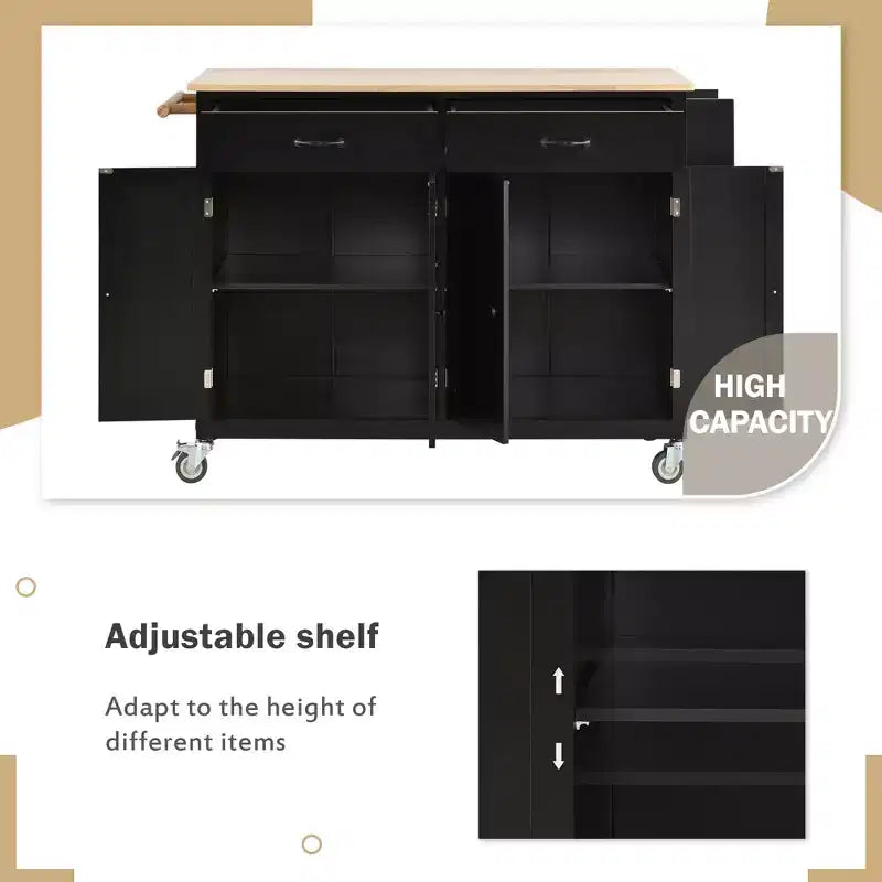54 Inch Kitchen Island Cart with Solid Wood Top, Locking Wheels, 4-Door Cabinet, Drawers & Spice Rack, Black