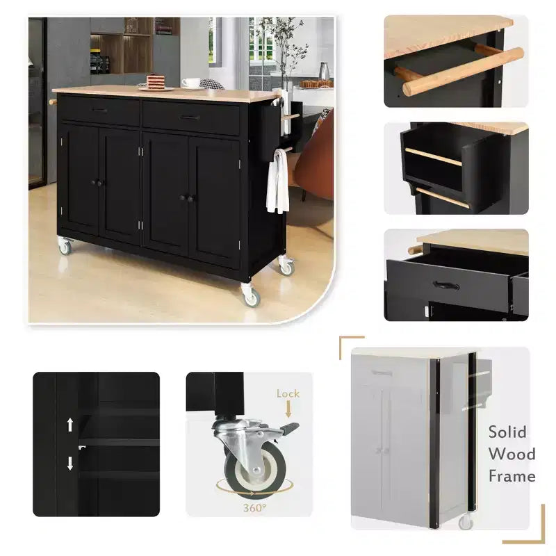 54 Inch Kitchen Island Cart with Solid Wood Top, Locking Wheels, 4-Door Cabinet, Drawers & Spice Rack, Black