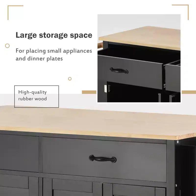 54 Inch Kitchen Island Cart with Solid Wood Top, Locking Wheels, 4-Door Cabinet, Drawers & Spice Rack, Black