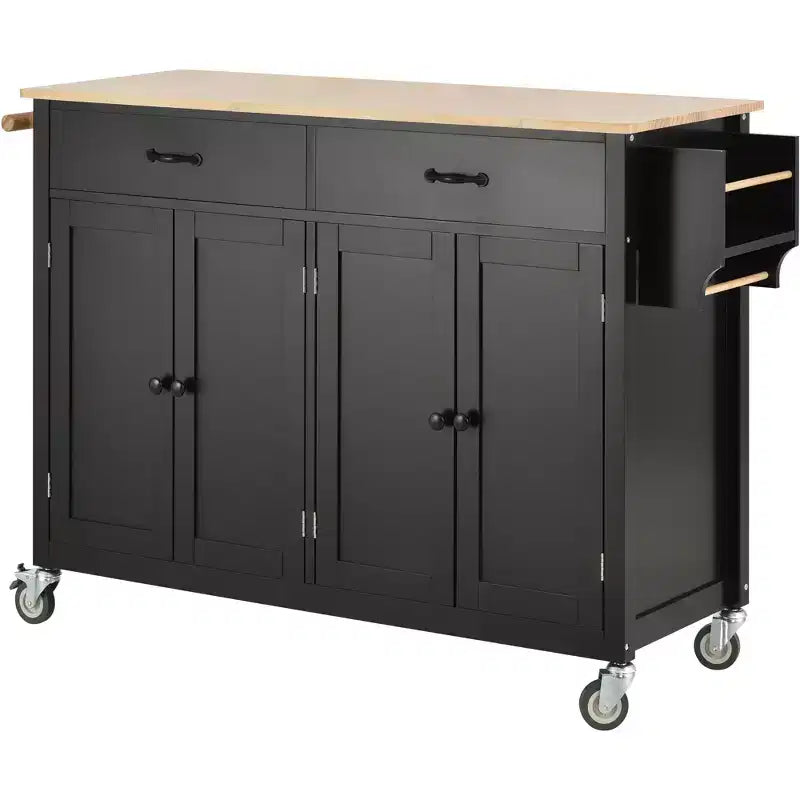 54 Inch Kitchen Island Cart with Solid Wood Top, Locking Wheels, 4-Door Cabinet, Drawers & Spice Rack, Black