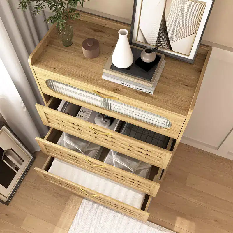 4-Drawer Dresser with Woven Wood Top, Gold Handles and Acrylic Door, Scratch-Resistant Storage Cabinet