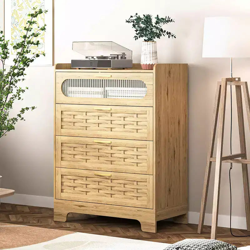 4-Drawer Dresser with Woven Wood Top, Gold Handles and Acrylic Door, Scratch-Resistant Storage Cabinet