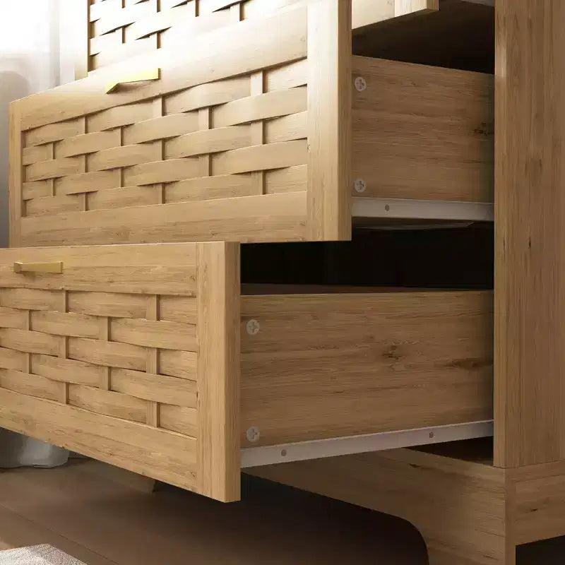 4-Drawer Dresser with Woven Wood Top, Gold Handles and Acrylic Door, Scratch-Resistant Storage Cabinet