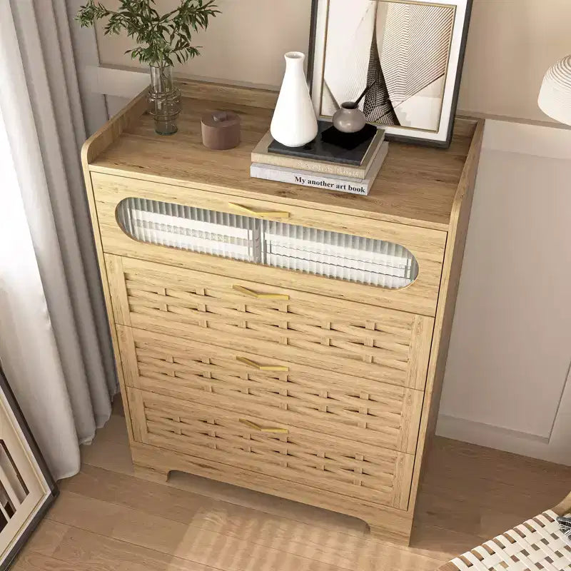 4-Drawer Dresser with Woven Wood Top, Gold Handles and Acrylic Door, Scratch-Resistant Storage Cabinet