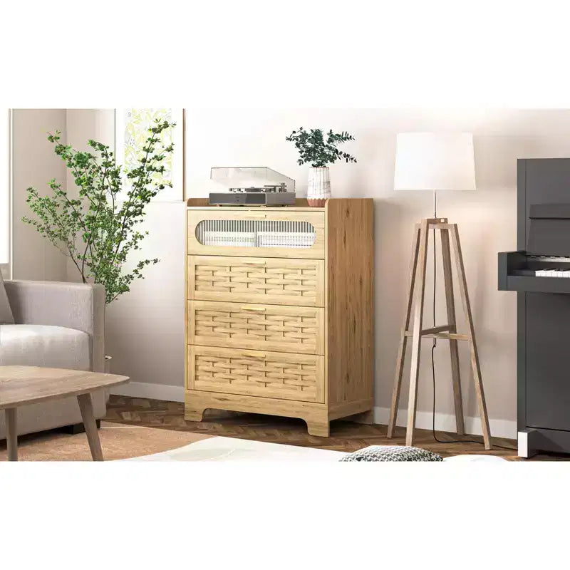 4-Drawer Dresser with Woven Wood Top, Gold Handles and Acrylic Door, Scratch-Resistant Storage Cabinet