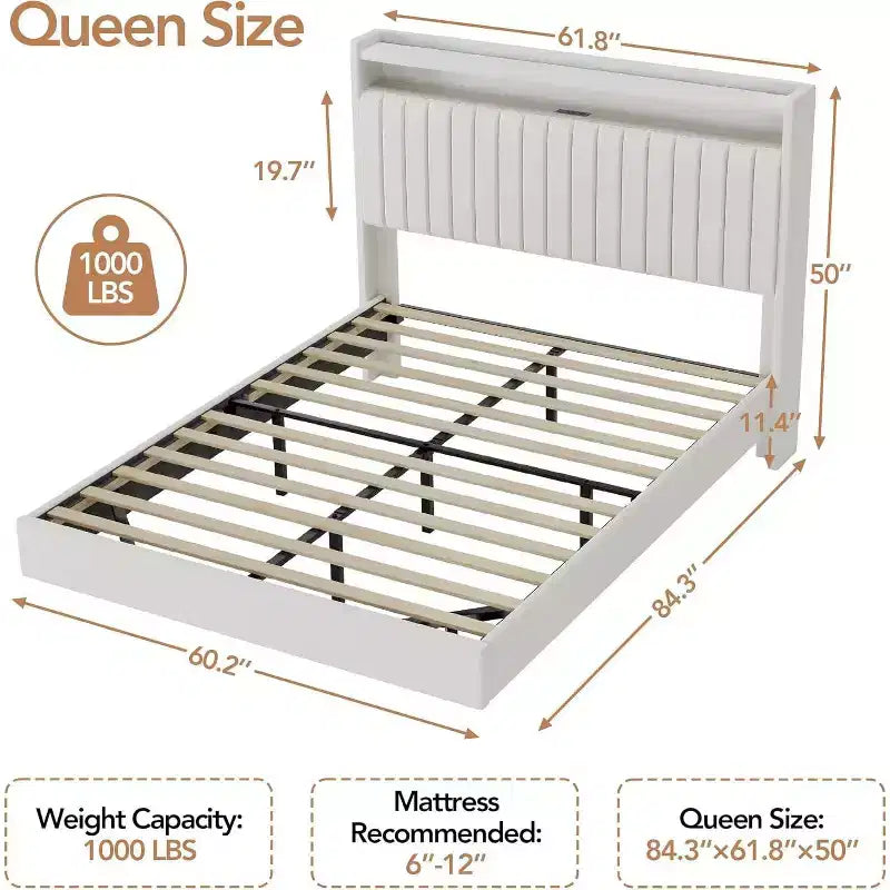 Full Floating Bed Frame with USB Charging Station, Upholstered Platform Bed with Headboard Storage and LED Lighting
